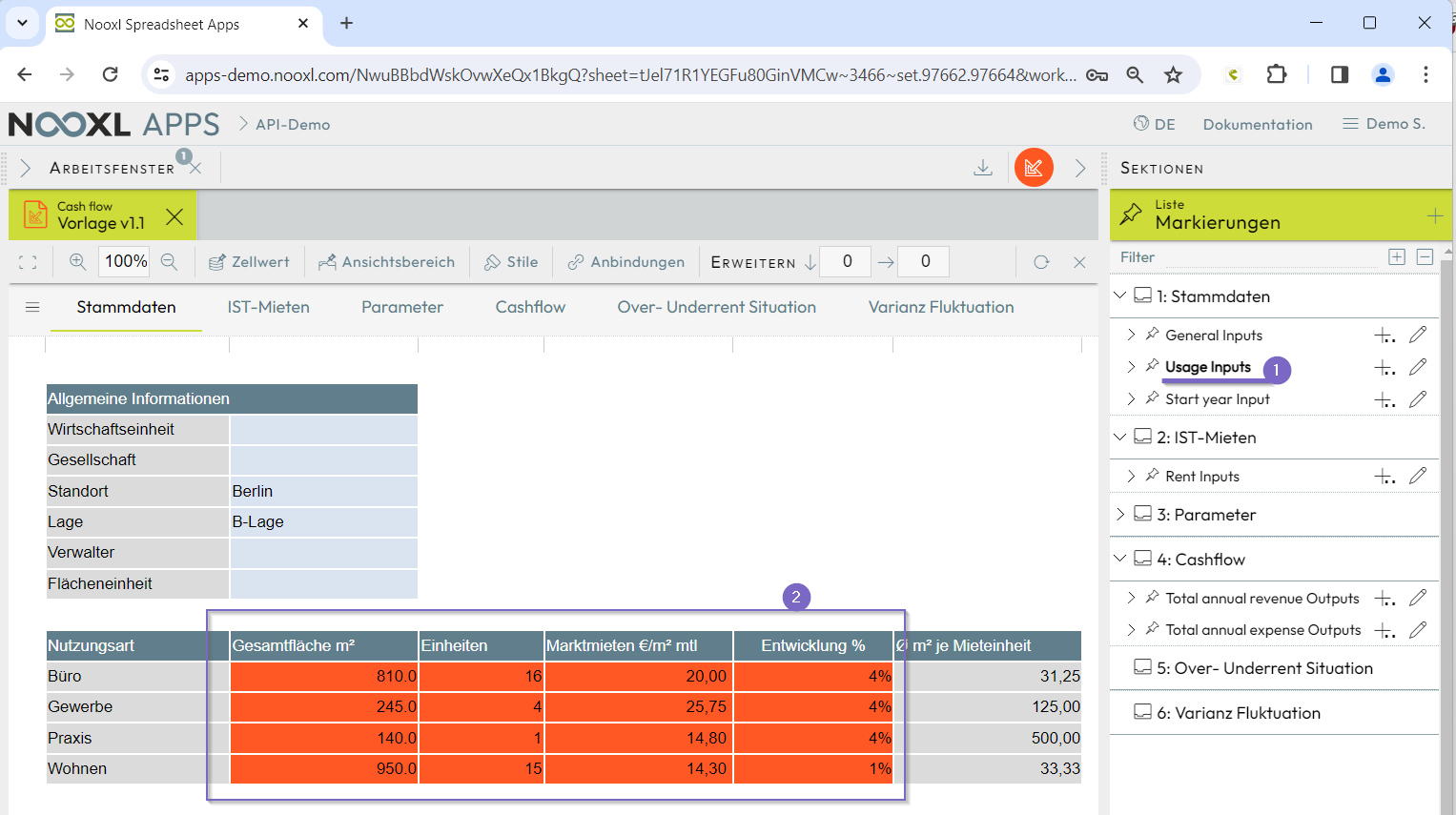 Input- und Output-Parameter der Demo